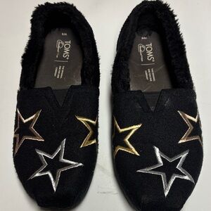 TOMS Black Slip-On Flats with Metallic Star Embroidery
